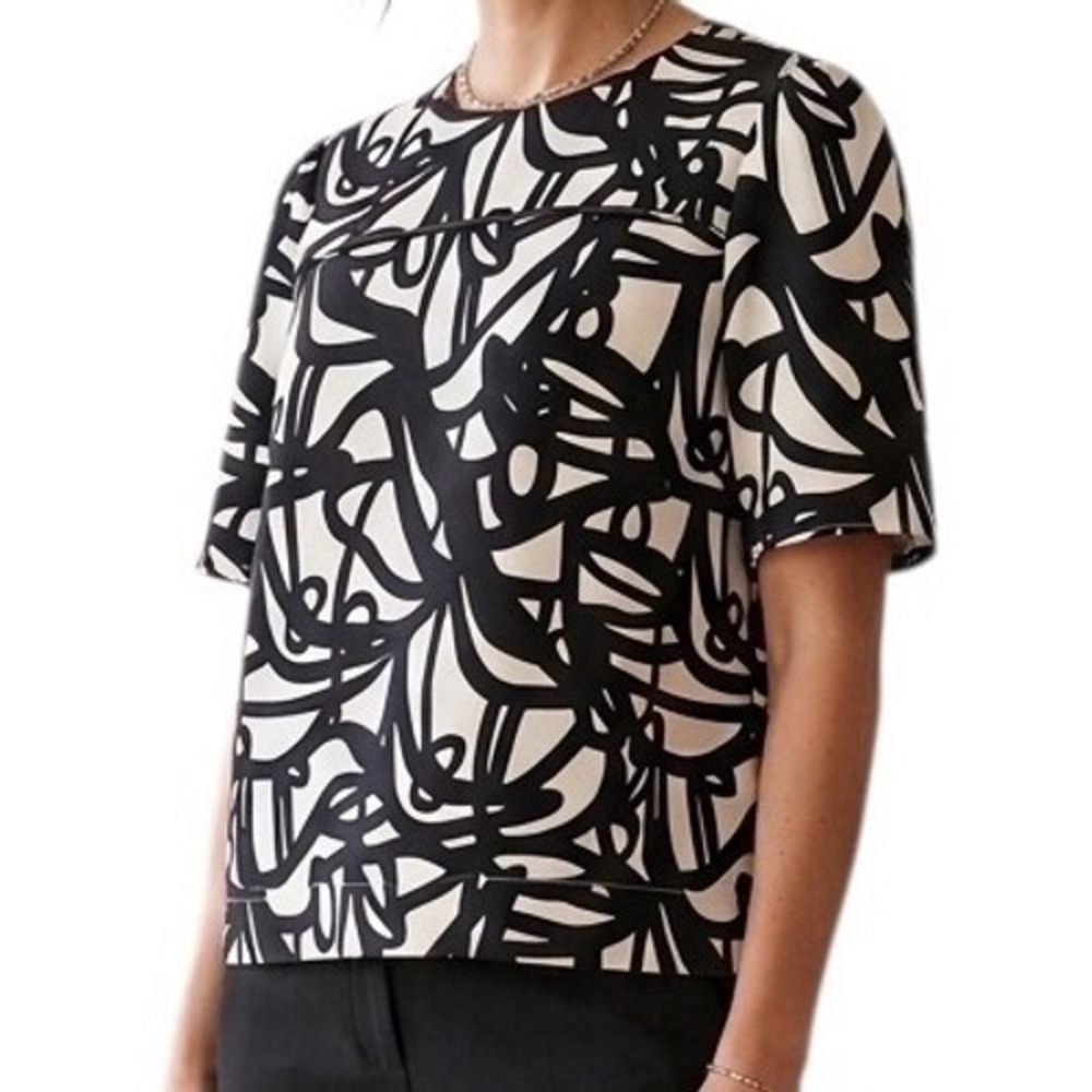 J.Crew‎ 365 Womens Black White Abstract Scribble Print Boxy Top Size 2 Short Slv